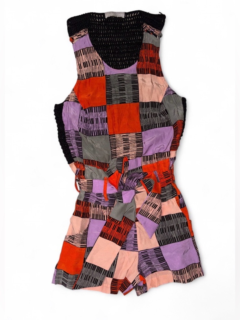Patchwork Print Sleeveless Romper Dress in Red, Purple, Pink, Gray-Silk